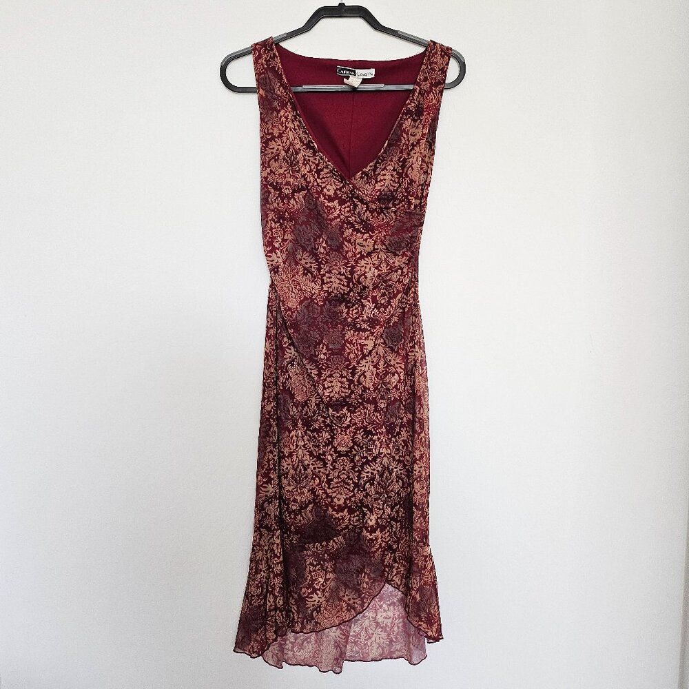 Women's Vintage California Concepts Rust Floral Midi Ruched Dress V-Neck SMALL